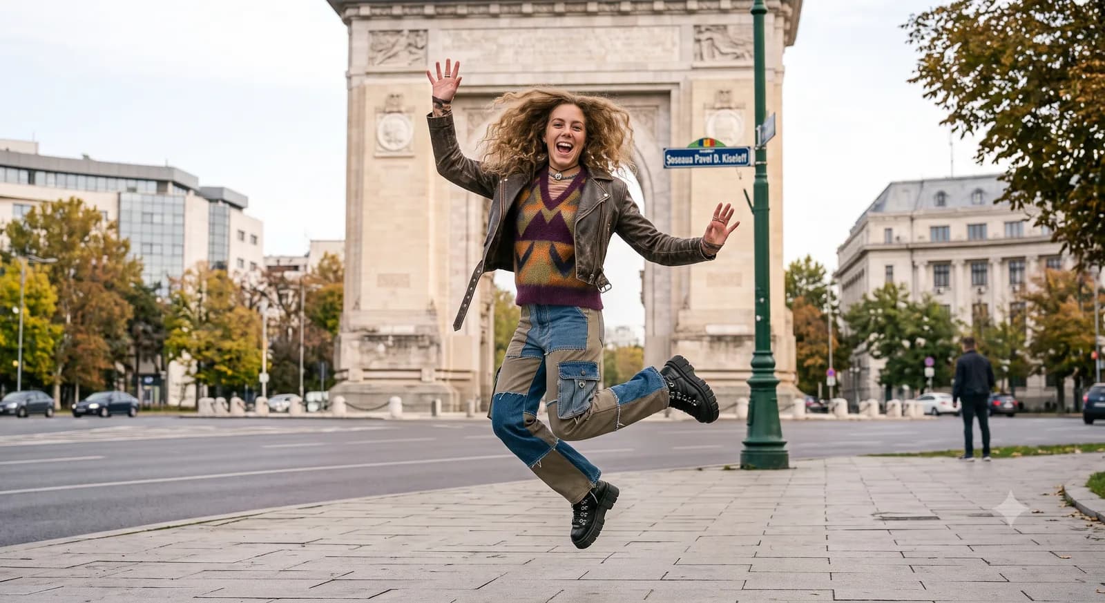 O tânără îmbrăcată eclectic sare în fața Arcului de Triumf din București
