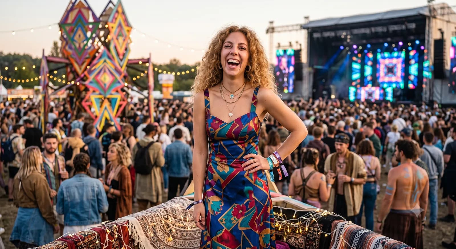 O femeie într-o rochie colorată la un festival de muzică